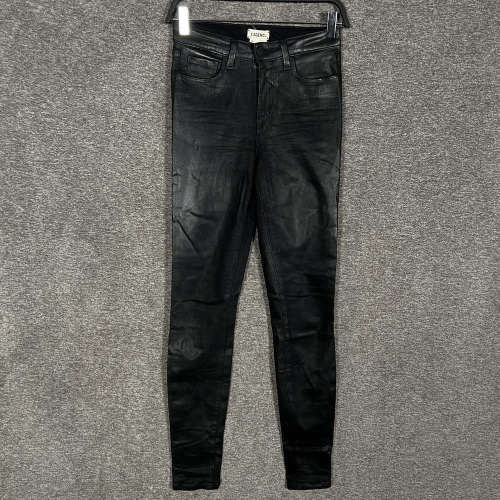 L'Agence Marguerite Jeans Womens 26 Black High Rise Skinny Coated Denim Made USA